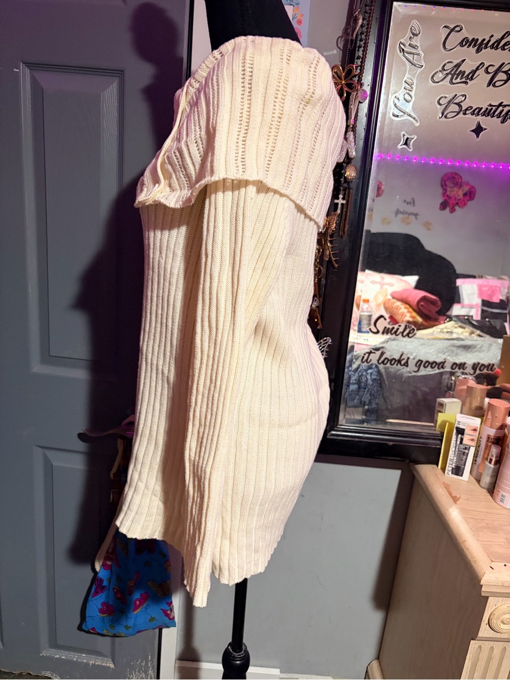 Gitano Cream Off-Shoulder Ribbed Button Sweater - Picture 2 of 5